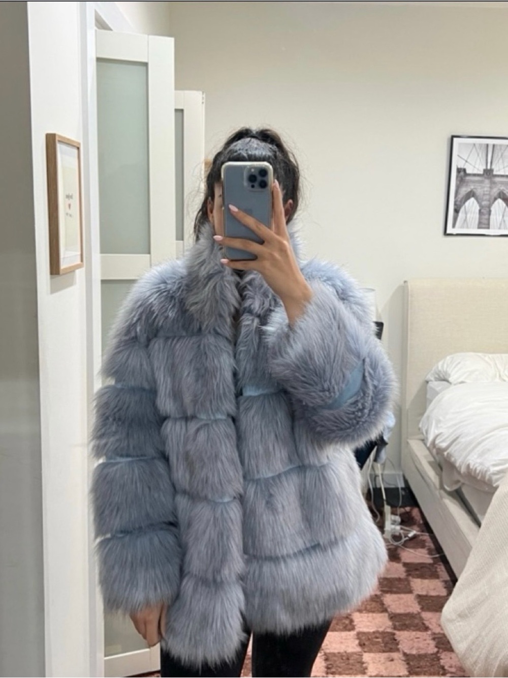 Luxurious Light Blue Faux Fur Coat - Women’s Plush Jacket